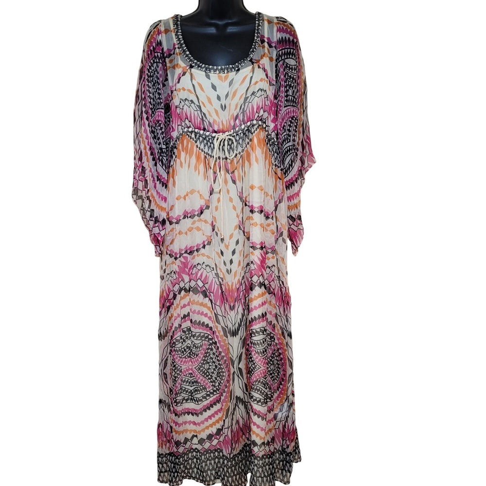 Derhy Maxi Dress Kaftan Sheer Viscose  floral artistic S boho y2k Cottagecore